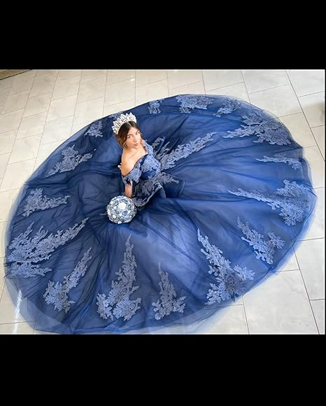 Navy Off The Shoulder Tulle Lace Quinceanera Dress,Navy Blue Ball Gown Sweet 15 Dress  Y2985