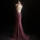 Gorgeous Burgundy Sleeveless Chiffon Beaded Mermaid Long Evening Dress Backless Birthday Dress SP1786