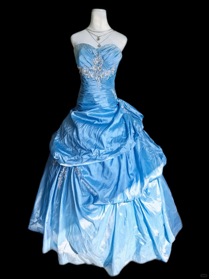 Elegant Blue Ball Gown Sweetheart Neck Satin Pleated Appliques Long Party Dress  Prom Gowns SP2323