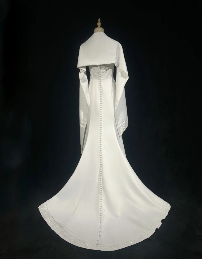 Charming Strapless Satin Beaded Mermaid Evening Dress White Long Birthday Dress SP1790