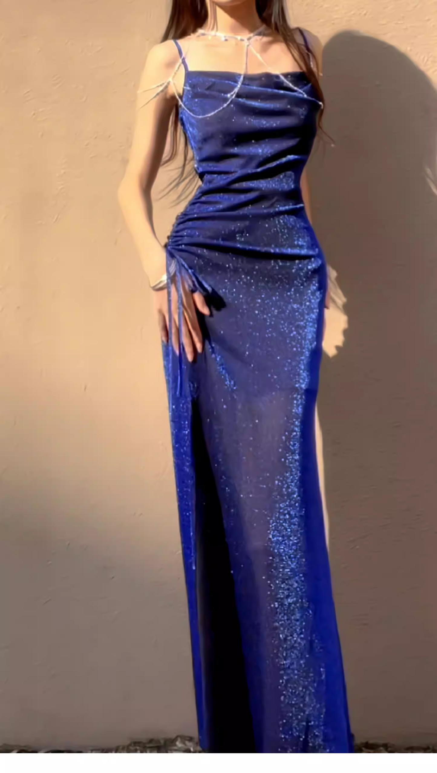 Shiny Spaghetti Straps Royal Blue Tulle Sequin Mermaid Long Party Dress Prom Gowns SP2005