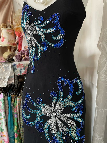 Vintage Spaghetti Straps V Neck Satin Beaded Mermaid Evening Dress Prom Gown SP748