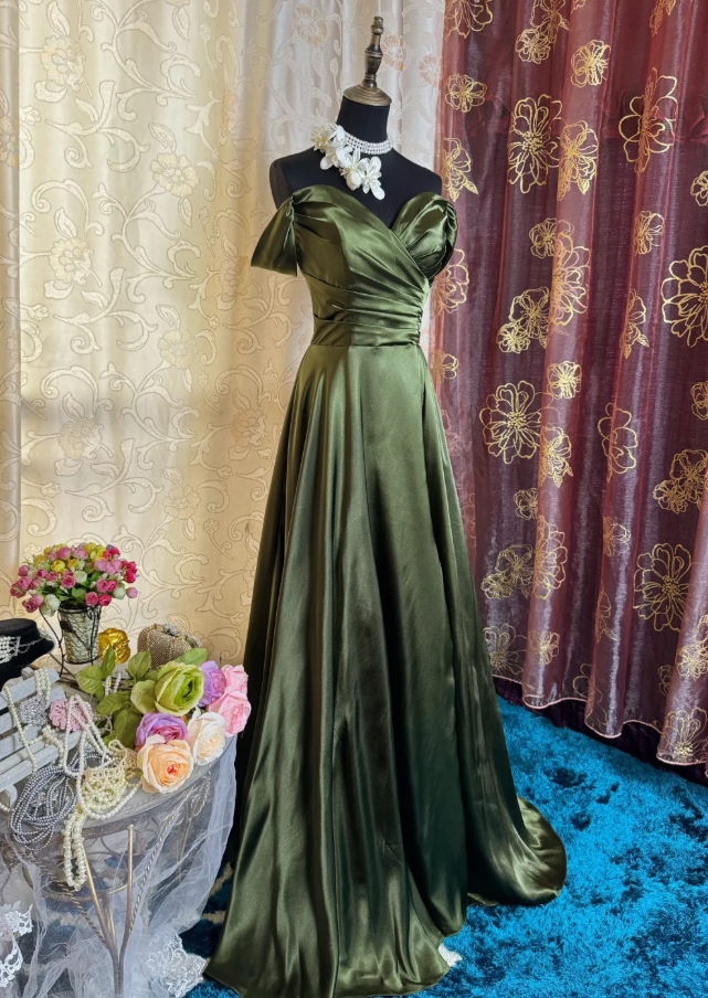 Classy Off The Shoulder Olive Green Satin Pleated Slit Long Evening Dress Formal Wedding Guest  Dress SP1889