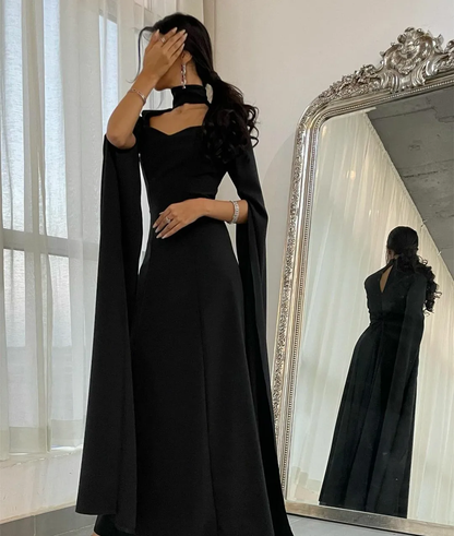 Elegant High Neck Sweetheart Neckline Floor Length Black Crepe Long Evening Dress  Y4853