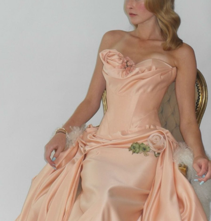 Elegant Strapless Satin Pleated Mermaid Prom Gown Long Evening Gown With 3D Flowers SP796