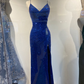 Sheath V Neck Royal Blue Sequins Evening Dress Y4476