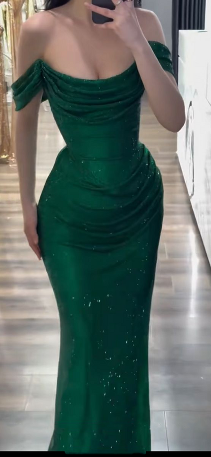 Fashion Green Sequin Pleated Mermaid Long Party Dress Off The Shoulder Birthday Prom Dress SP2167