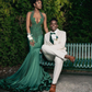 Amazing Long Dark Green Mermaid Sleeveless Beading Prom Dress With Lace Y4233