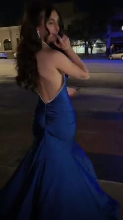 Elegant Blue Backless Party Dress Halter Satin Beaded Memriad Long Evening  Dress SP4230