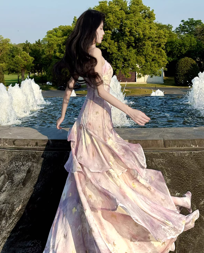 Pretty Spaghetti Straps Purple Chiffon Ruffles Print Floral Mermaid Long Party Dress Birthday Prom Gowns SP1992