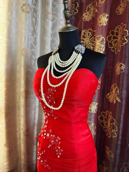 Gorgeous Strapless Satin Tulle Appliques Beaded Prom Dress Red Mermaid Long Evening Dress SP2382