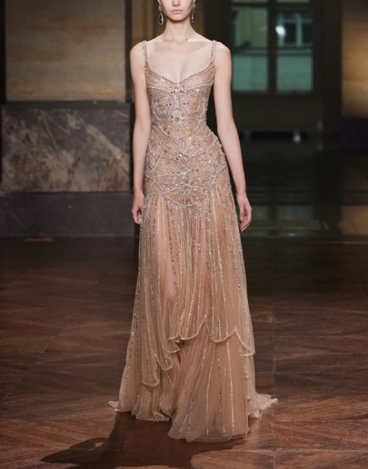 Luxurious Spaghetti Straps Champagne Tulle Beaded Mermaid Evening Dress Formal Prom Dress SP550