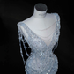 Dream Blue Tulle Beaded Chain V Neck Long Mermaid Prom Dress Evening Dress Y8665