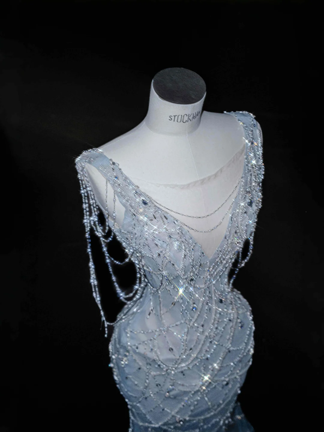 Dream Blue Tulle Beaded Chain V Neck Long Mermaid Prom Dress Evening Dress Y8665