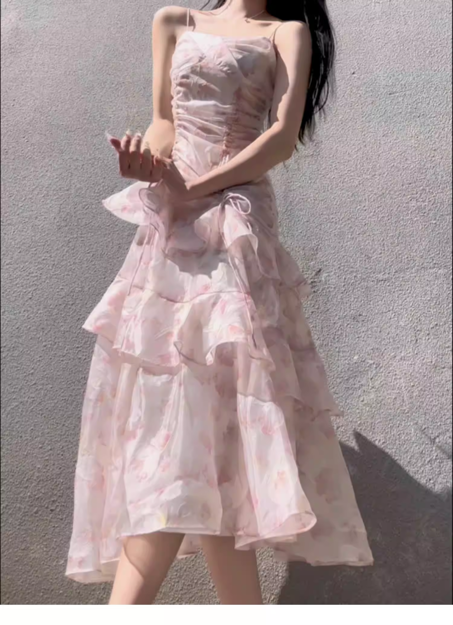 Charming Pink Chiffon Print Floral layered Ruffles Mermaid Party Dress Formal Birthday Prom Dresses SP2000