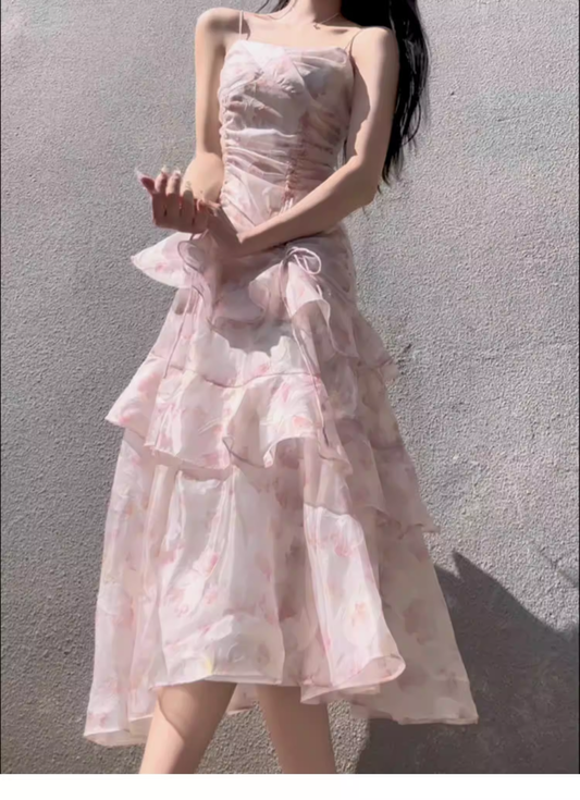 Charming Pink Chiffon Print Floral layered Ruffles Mermaid Party Dress Formal Birthday Prom Dresses SP2000