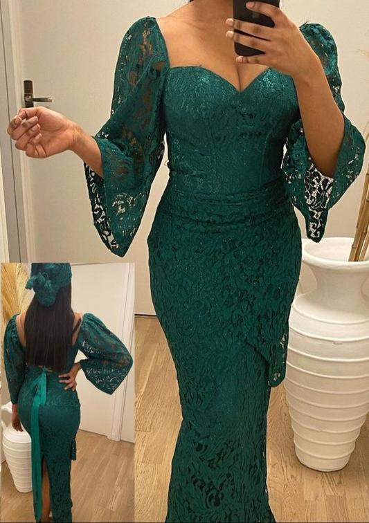 Vintage Green Lace Sheath Prom Dress,Lace Party Gown Y6650