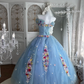 Sweet Strapless Tulle Appliques Ball Gown Blue Birthday Quinceanera Dress SP1446