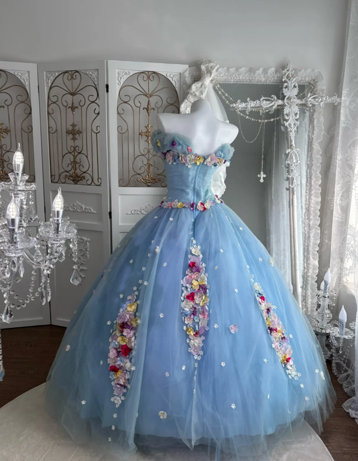Sweet Strapless Tulle Appliques Ball Gown Blue Birthday Quinceanera Dress SP1446