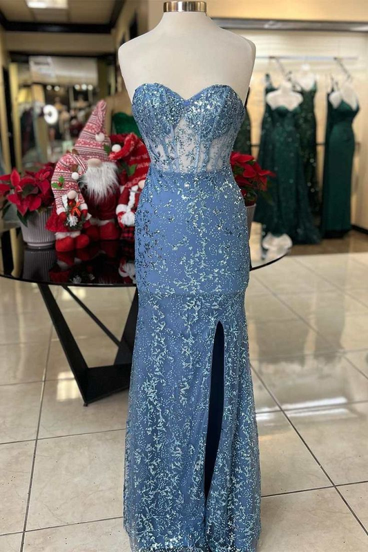Glitter Lace Sweetheart Mermaid Long Prom Dress with Slit Y5851
