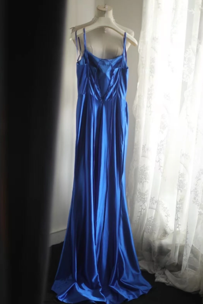 Classy Blue Spaghetti Straps Satin Pleated Mermaid Long Party Dress Birthday Prom Dresses SP1201