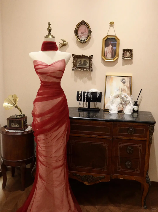 Elegant Strapless Red Tulle Mermaid Evening Dress Formal Prom Dress Y8596