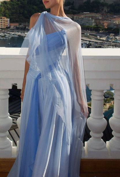 Classy Spaghetti Straps V Neck Blue Chiffon Mermaid Party Dress Long Wedding Guest Dress SP969