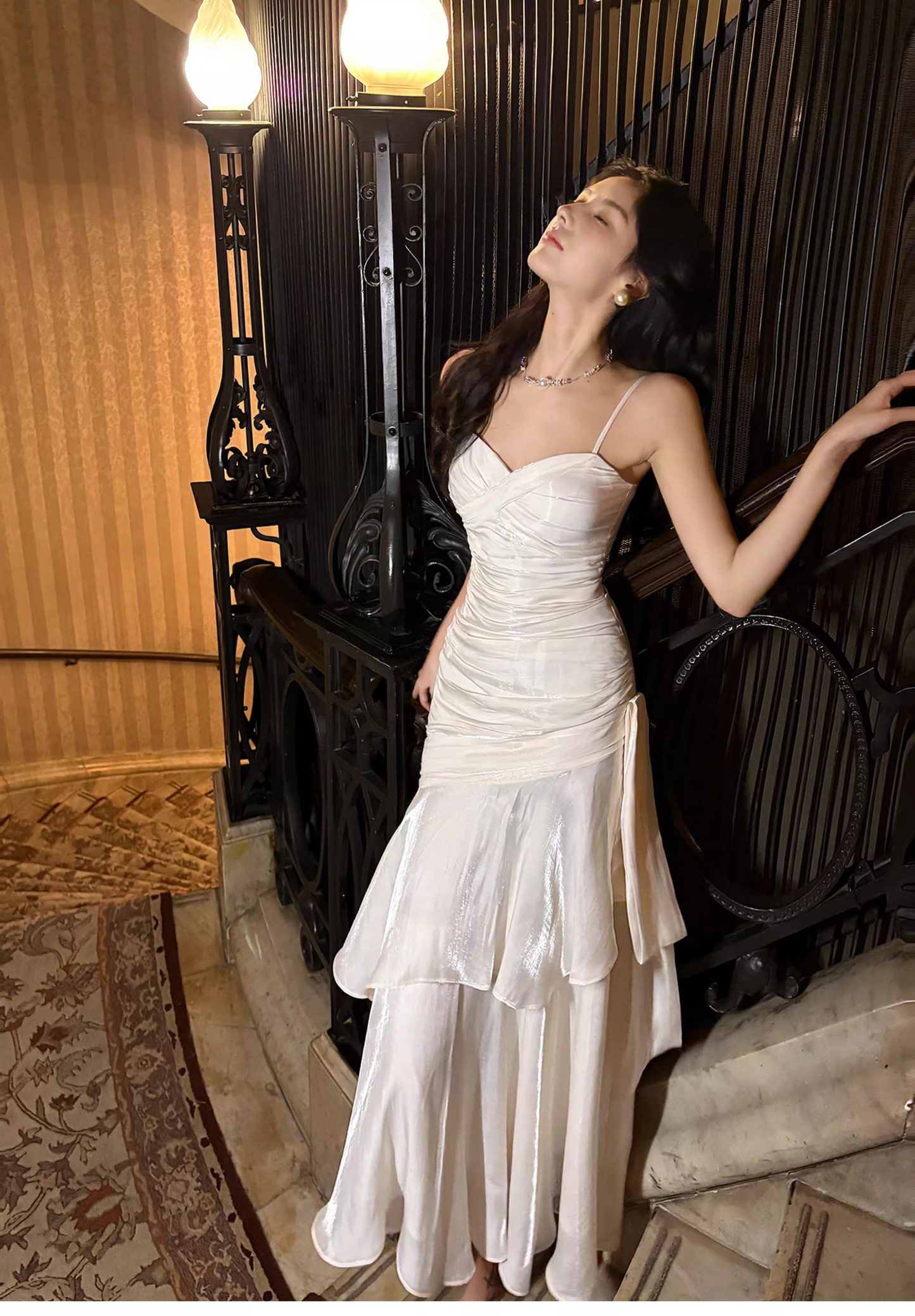 Charming White Spaghetti Strap Satin Ruffles Layered Mermaid Long Party Dress Prom Dress SP1985