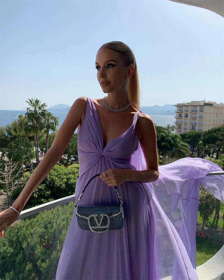 Simple Purple V Neck Tulle Prom Dress Long Evening Gown Y7774