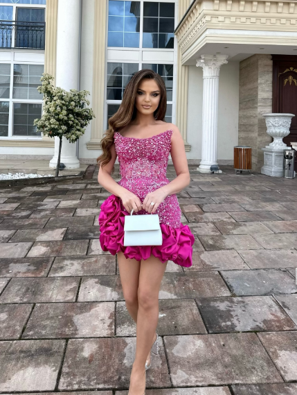 Gorgeous Hot Pink Satin Pearls Beaded Flowers Cocktail Dress Sheath Short Homecoming Dress Y8952