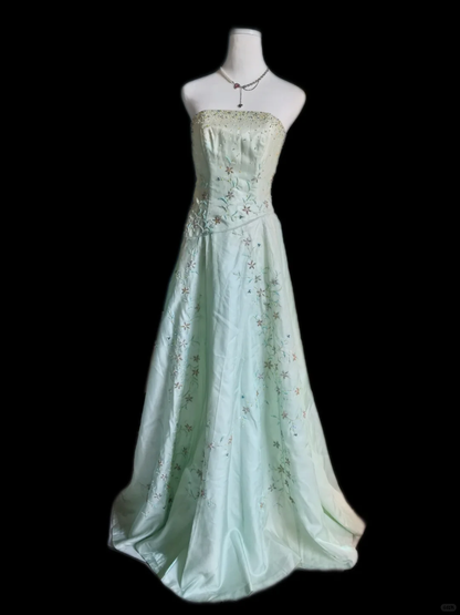 Pretty Mint Green Strapless Satin Beaded A Line Long Birthday Dress Party Dress SP2324