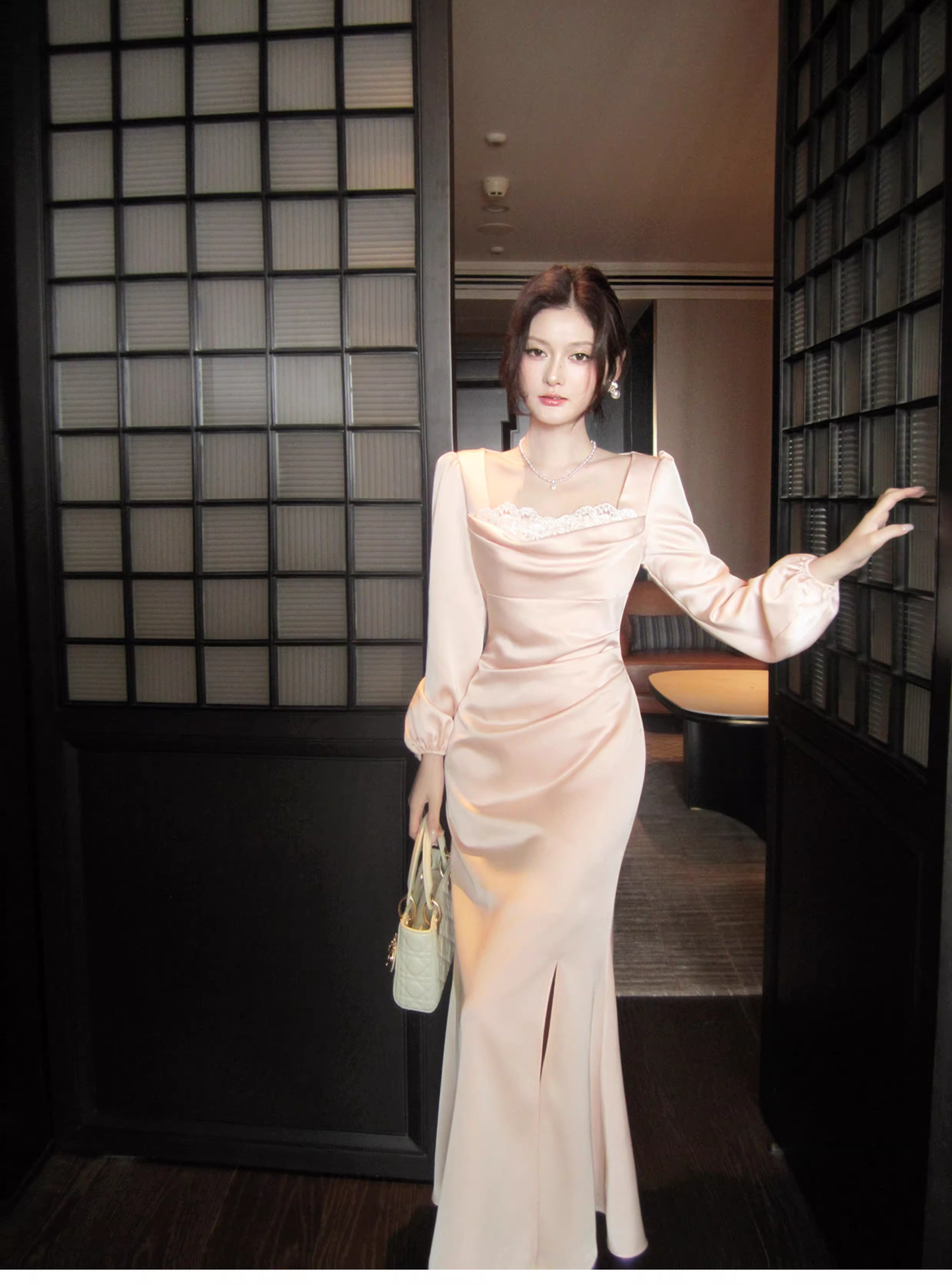 Sweet Lace Neck Pink Satin Mermaid Long Wedding Dress Formal Evening Dress Birthday Dress SP1541