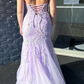 Lilac Spaghetti Straps Lace Appliques Mermaid Prom Dress Long Evening Gown Y7933