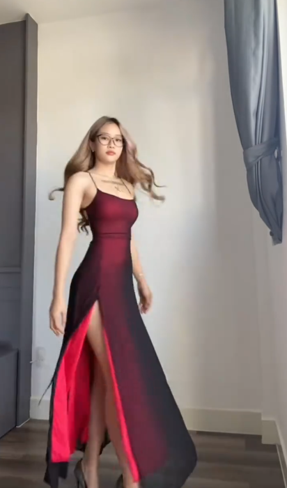 Vintage Spaghetti Straps Burgundy Chiffon Slit A Line Evening Dress Birthday Prom Dress SP548