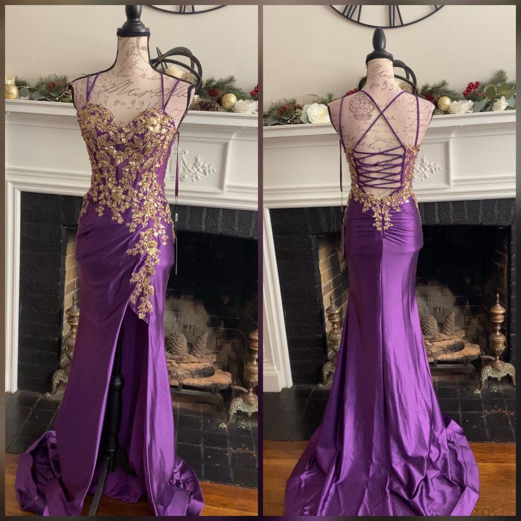 Sexy Purple Spaghetti Straps Satin Sequin Mermaid Slit Evening Dress Long Wedding Guest Dress SP1359
