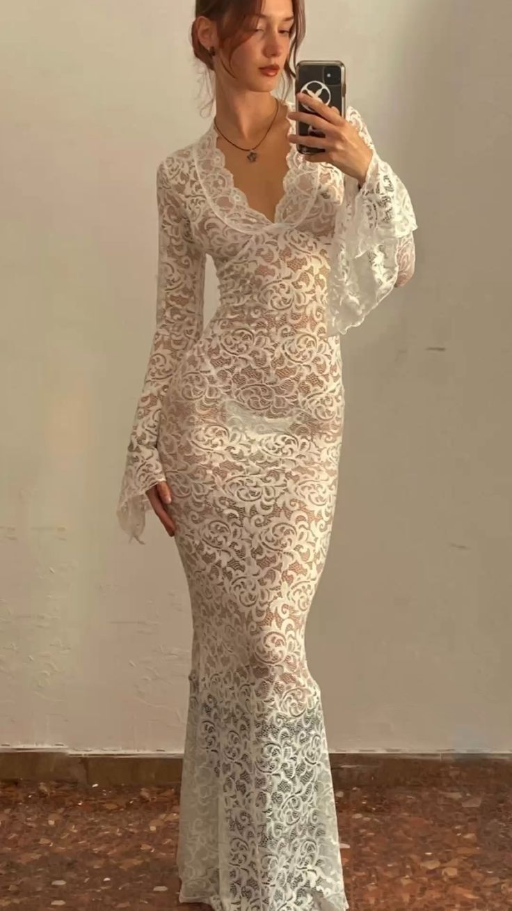 Elegant Lace See Through V-neck Maxi Sexy Dress,White Prom Dress  Y4608