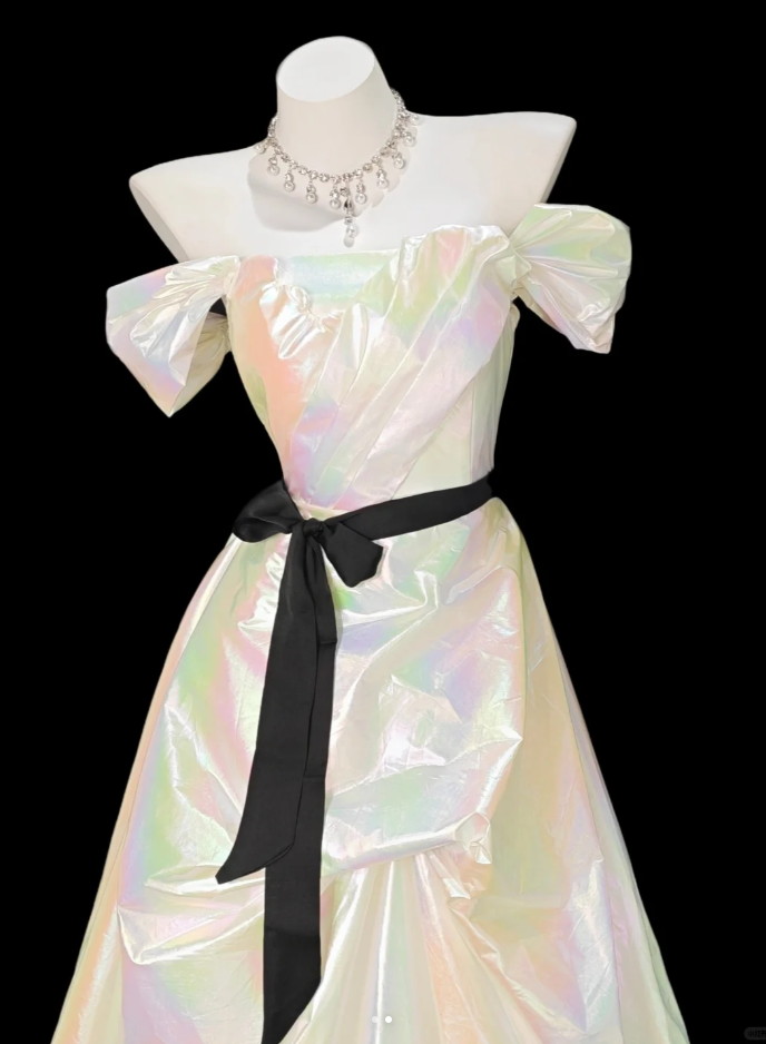 Glitter Off The Shoulder Satin Pleated A Line Long Party Dress Birthday Prom Dress SP1933