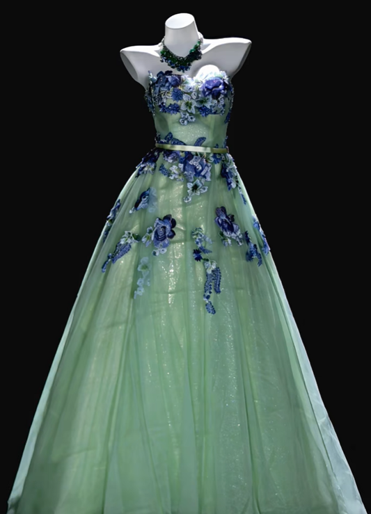 Fairy Strapless Ball Gown Green Tulle Embroidery Appliques Long Birthday Party Dress Prom Gown SP1853