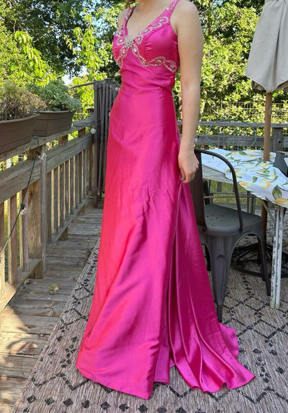 Elegant V Neck Satin Beaded Long Wedding Guest Dress Pink Long Evening Dress SP3765