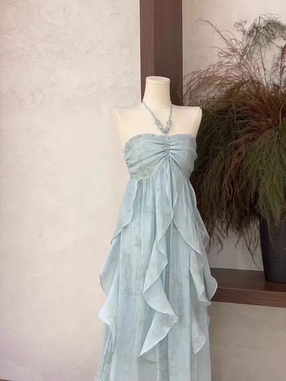 Classy Blue Halter A Line Ruffled Floral Long Party Dress Women's  Vacation Dress Y9320