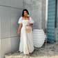 Chic Puff Sleeves White Long Prom Dress,White Summer Casual Dress Y5249