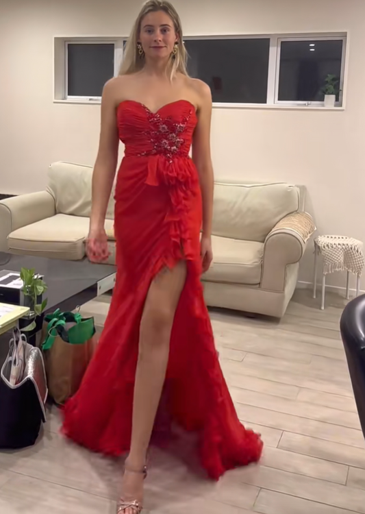 Pretty Strapless Beaded Chiffon Ruffles Mermaid Long Party Dress Red Slit Prom Dresses SP415