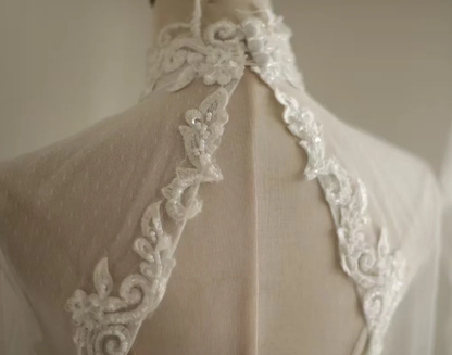 Charming White Tulle Chiffon Beaded Long Wedding Dress Backless Bridal Dress SP1175