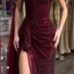 Shiny Burgundy Off The Shoulder Sequin Slit Mermaid Party Dress Long Wedding Guest Dress SP1340