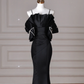 Elegant Black Spaghetti Straps Satin Off The Shoulder Mermaid Evening Dress Prom Dress Y8641