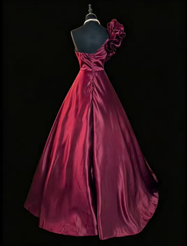 Vintage One Shoulder Ball Gown Burgundy Satin Ruffles Long Party Dress SP2768