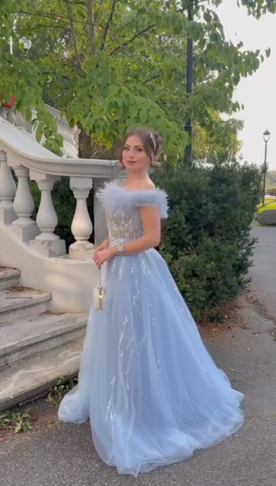 Elegant Strapless Sky Blue Tulle Sequin Feathers Slit Mermaid Prom Dress Long Party Gown SP448