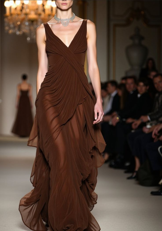 Vintage V Neck Brown Chiffon Mermaid Long Prom Dress Evening Gown SP1074