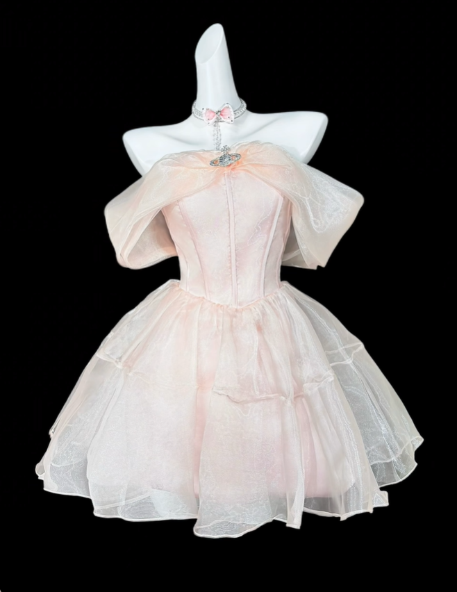 Pretty Light Pink Tulle A Line Short 6th Grade Homecoming Dress,Off The Shoulder Short Prom Dress SP3538