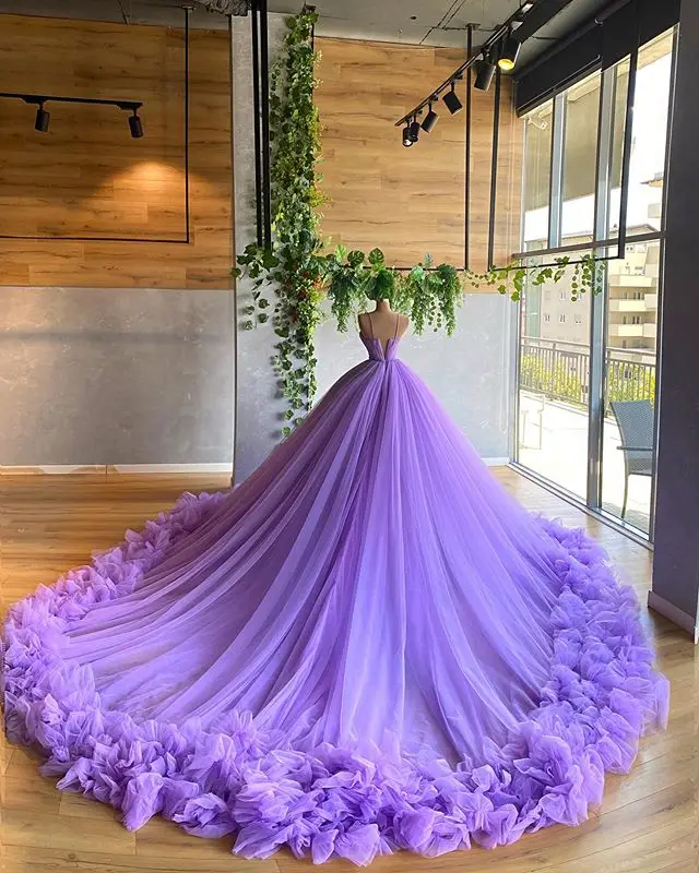 Purple A-line V Neck Tulle Ball Gown,Purple Princess Dress,Fairy Dress Y6590